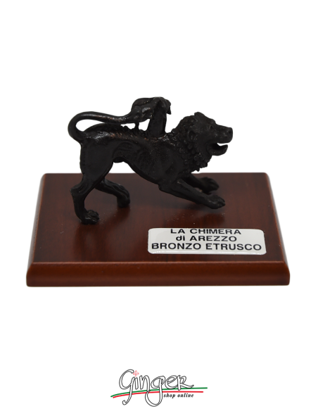 La Chimera di Arezzo alta 5 cm, in metallo su base di legno 6x9 cm