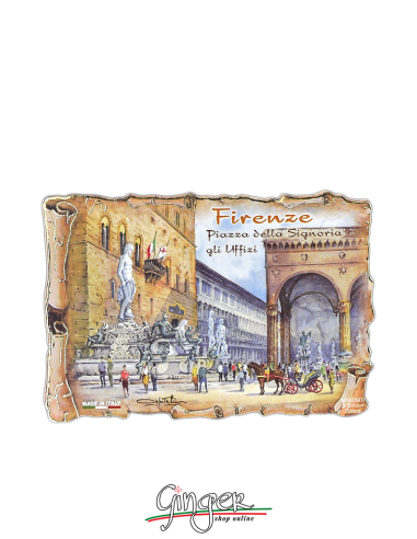 Wooden magnet with drawings by Poliziano - Florence: Piazza della Signoria