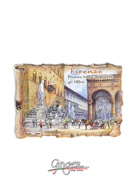 Wooden magnet with drawings by Poliziano - Florence: Piazza della Signoria