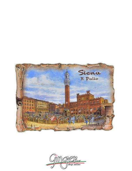 Calamita in legno con disegni di Poliziano - Siena: il Palio
