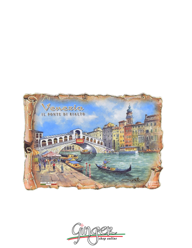 Wooden magnet with drawings by Poliziano - Venice: Rialto Bridge