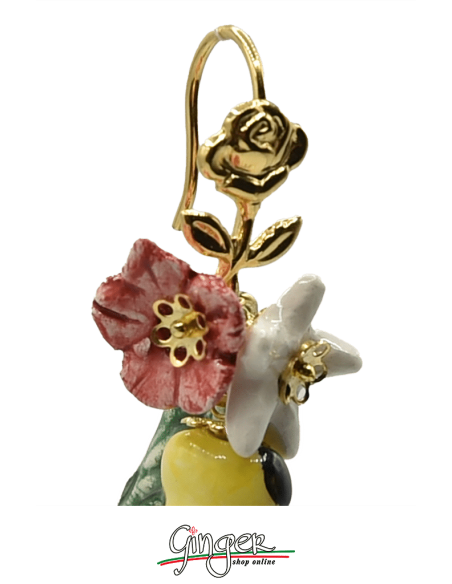 Aurora's Ceramic: Pendant earrings with Bees, Flowers and Leaves