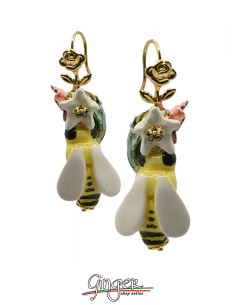 Aurora's Ceramic: Pendant earrings with Bees, Flowers and Leaves