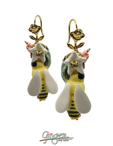 Aurora's Ceramic: Pendant earrings with Bees, Flowers and Leaves