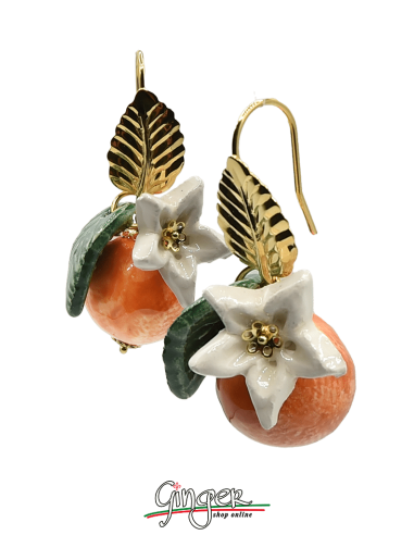 Aurora's Ceramic: Pendant earrings with Oranges, Flowers and Leaves