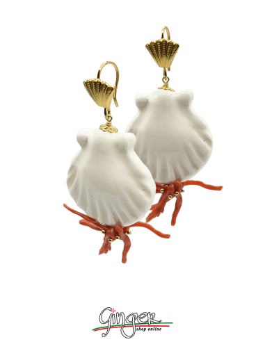 Ceramic: Pendant earrings with ceramic Shells and Mediterranean Coral