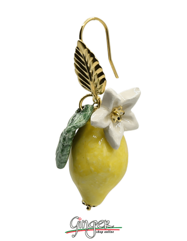 Aurora's Ceramic: Pendant earrings with Lemons, Flowers and Leaves