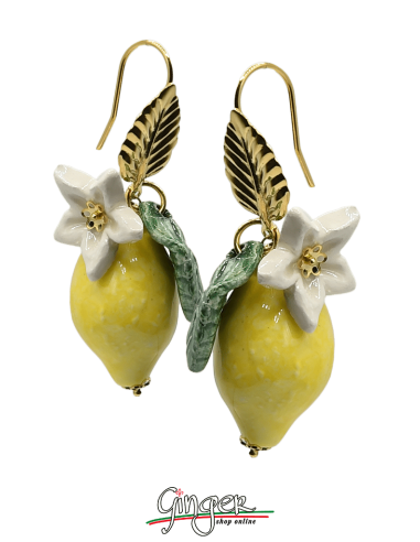 Aurora's Ceramic: Pendant earrings with Lemons, Flowers and Leaves
