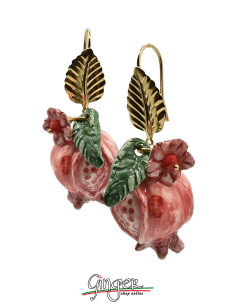 Aurora's Ceramic: Pendant earrings with Pomegranates, Flowers and Leaves