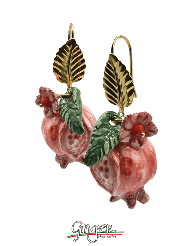 Aurora's Ceramic: Pendant earrings with Pomegranates, Flowers and Leaves