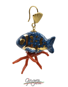 Aurora's Ceramic: Pendant earrings with Blue Fishes and Mediterranean Coral 2