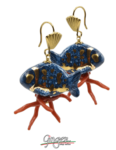 Aurora's Ceramic: Pendant earrings with Blue Fishes and Mediterranean Coral