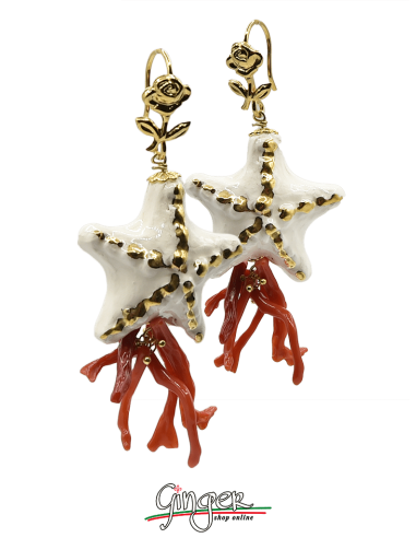 Aurora's Ceramic: Pendant earrings with Starfish and Mediterranean Coral