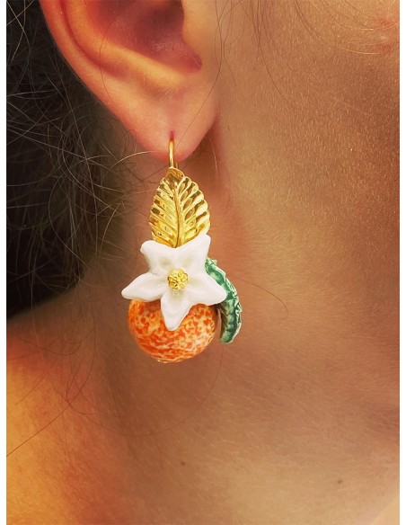 Aurora's Ceramic: Pendant earrings with Oranges, Flowers and Leaves