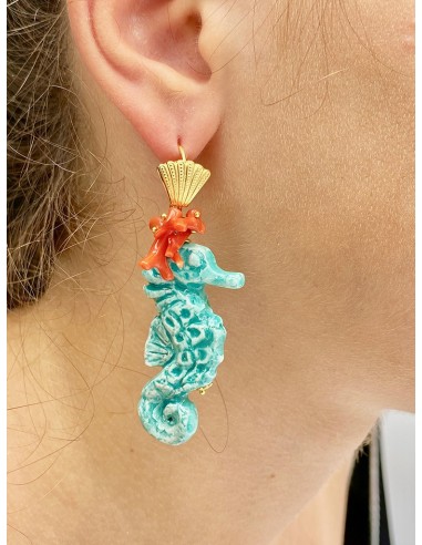 Aurora's Ceramic: Pendant earrings with Seahorses and Mediterranean Coral