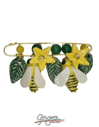Golden brooch with Bees, Flowers and hanging Leaves