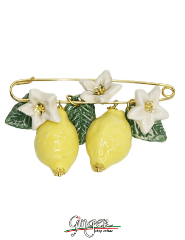 Golden brooch with Lemons, Flowers and hanging Leaves
