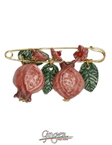 Ceramiche di Aurora: Spilla dorata con melegrane, fiori e foglie pendenti