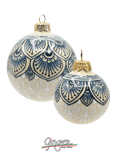Hand painted Deruta ceramic Christmas ball - LACE FEATHER BLUE
