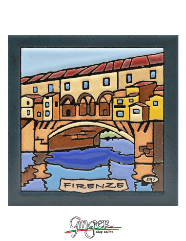 Mattonella in ceramica dipinta a mano e smaltata - Firenze: Ponte Vecchio (11x11 cm)