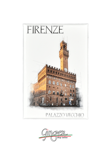 Fridge magnet with drawings and pictures of Florence: Palazzo Vecchio or Palazzo della Signoria