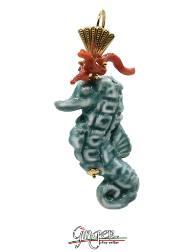 Ceramica: Orecchini pendenti con Cavallucci Marini e Corallo Mediterraneo