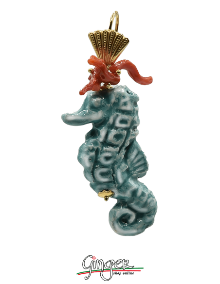Ceramica: Orecchini pendenti con Cavallucci Marini e Corallo Mediterraneo