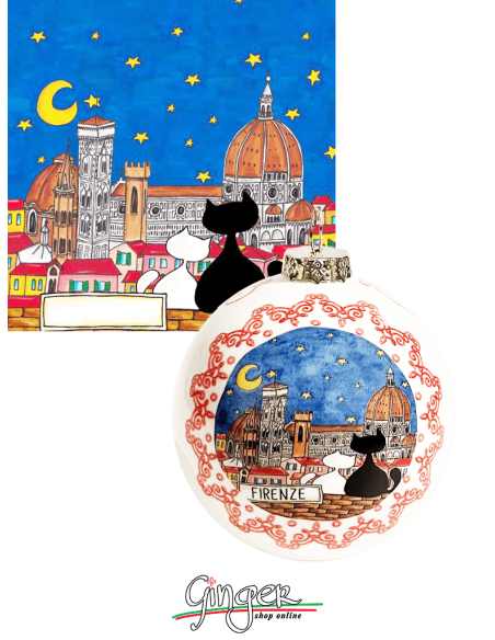 Addobbi Palla di Natale - Città d'Italia: Firenze Panorama con Gatti e Ponte Vecchio - 80 mm
